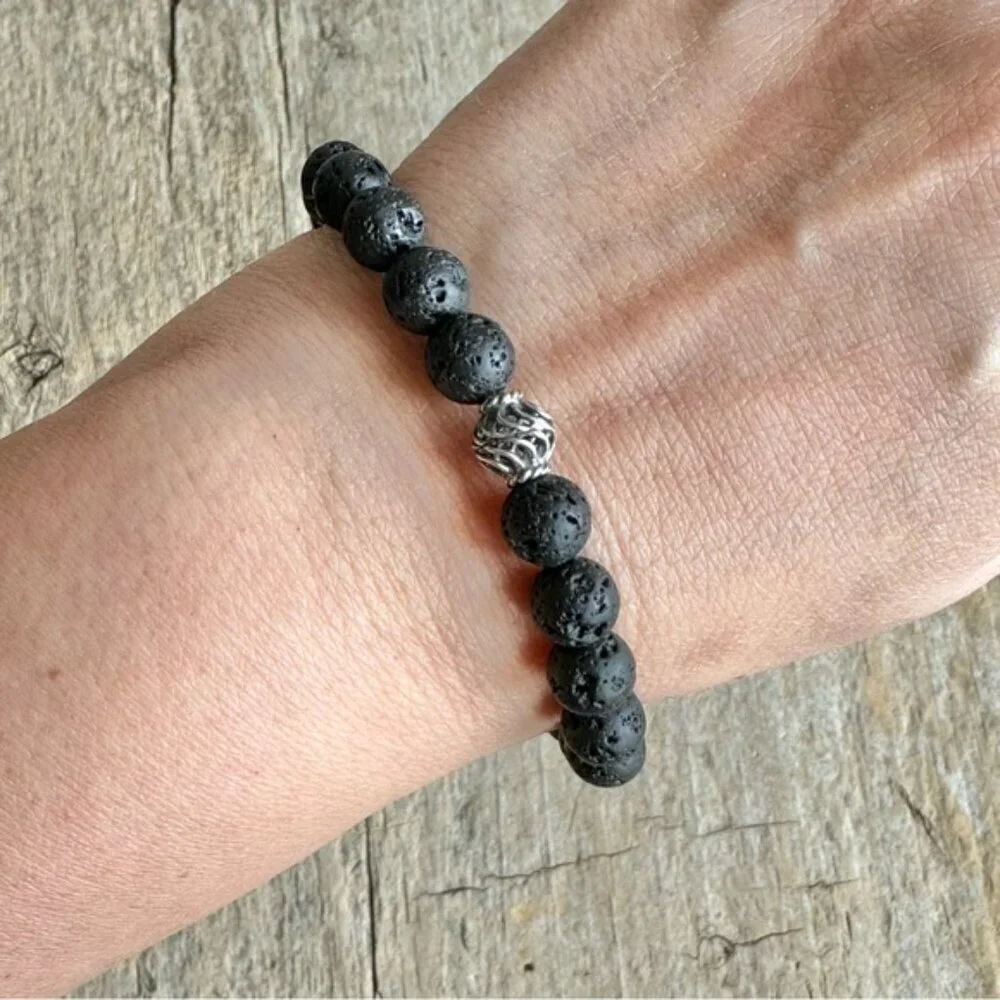 Black Lava Stone Stretch Bracelet Sterling Silver Accent Bead Unisex - 8mm Beads